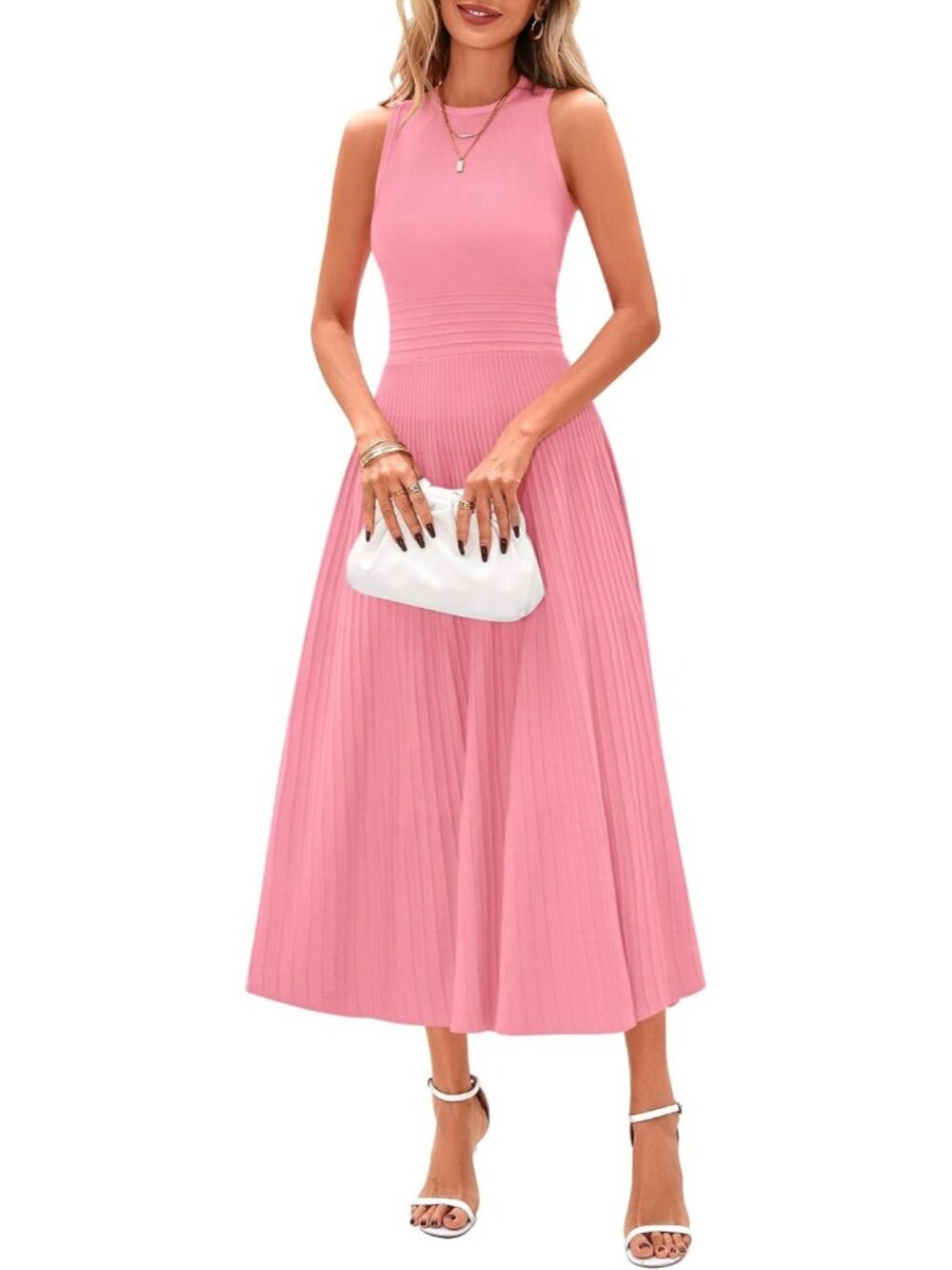 Women's Pink Sleeveless A Line Summer Pleated Midi Work Wedding Guest Dresses